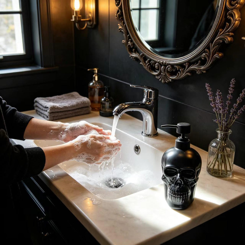Ceramic Skull Soap Dispenser, Refillable Halloween Liquid Hand Soap Dispenser for Bathroom and Kitchen, Halloween Skull - Black