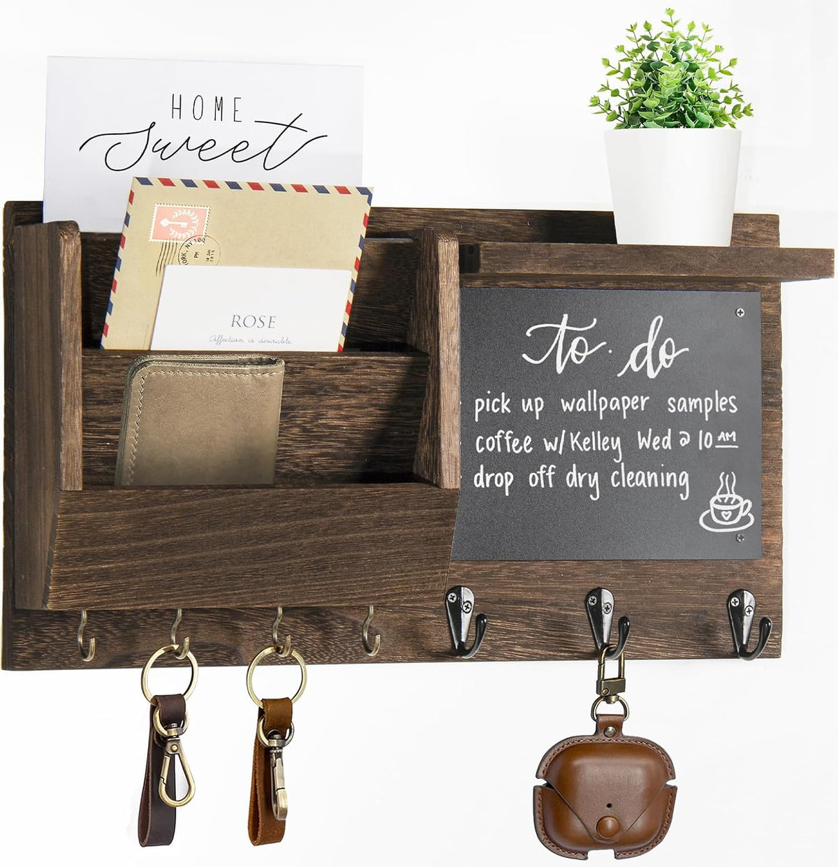 Ziivita Key Holder for Wall - Mail Holder Organizer Wall Mount with Shelf - Rustic Hanging Key Rack Hanger with Hooks Decorative for Home Letter Dog Leash Entryway Farmhouse Living Room Decor