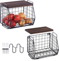 Wall Hanging Baskets 2 Pack Wooden Top Floating Wire Shelves (Large)