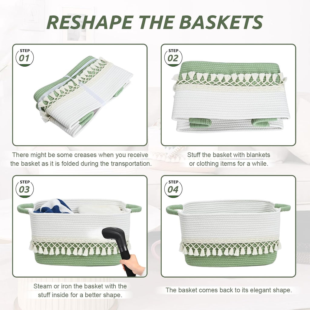 2 Pack Storage Basket, Heavy Tassel Woven Baskets for Storage, Boho Cotton Rope Storage Bin, Cube Organizer Bins, Baby Laundry Basket for Clothes, Toys, Diapers, Pets（White & Green）