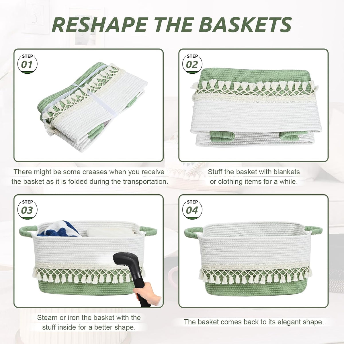 2 Pack Storage Basket, Heavy Tassel Woven Baskets for Storage, Boho Cotton Rope Storage Bin, Cube Organizer Bins, Baby Laundry Basket for Clothes, Toys, Diapers, Pets（White & Green）