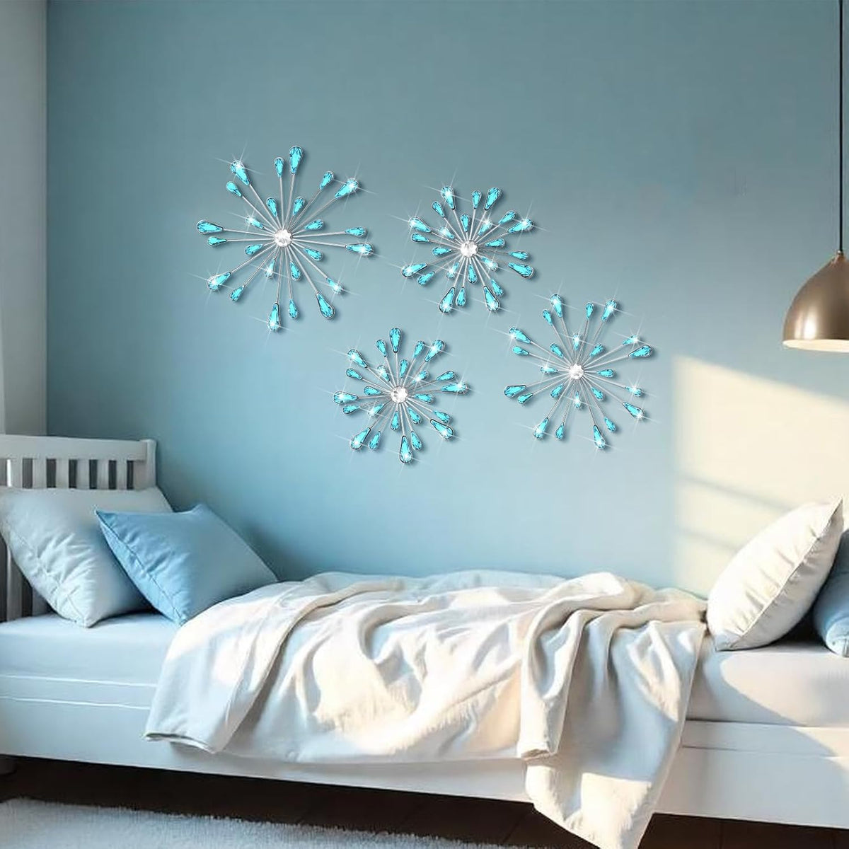 Hicarer 4 Pcs Starburst Wall Decor, Bling Metal Wall Art, Blue