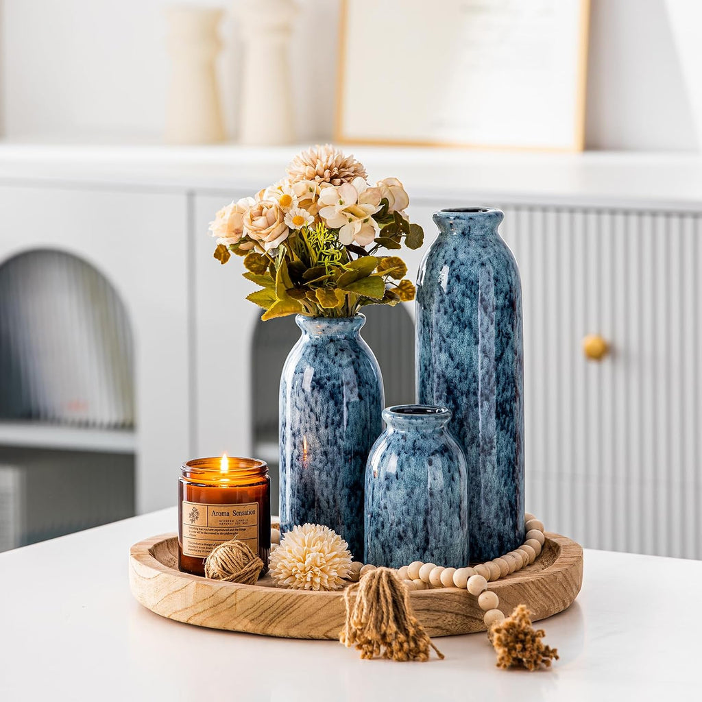 Blue Ceramic Vase Sets, Modern Farmhouse Country Flower Vases Home Decor