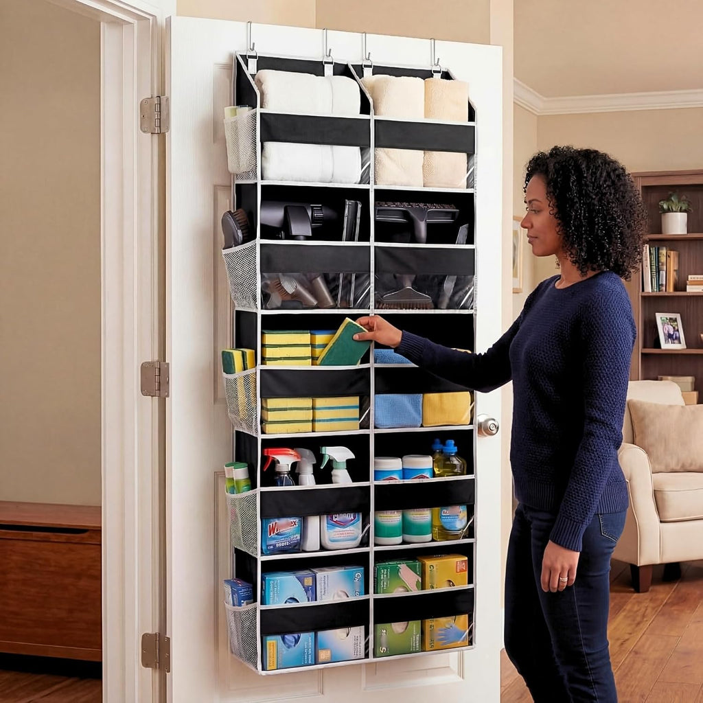 Over the Door Organizer 5 Tiers, Extra Large Behind Door Storage of 10 Compartments, 80 lbs Weight Capacity Hanging Storage Organizer with Clear Window Kids Toys, Shoes, Diapers, Room storage