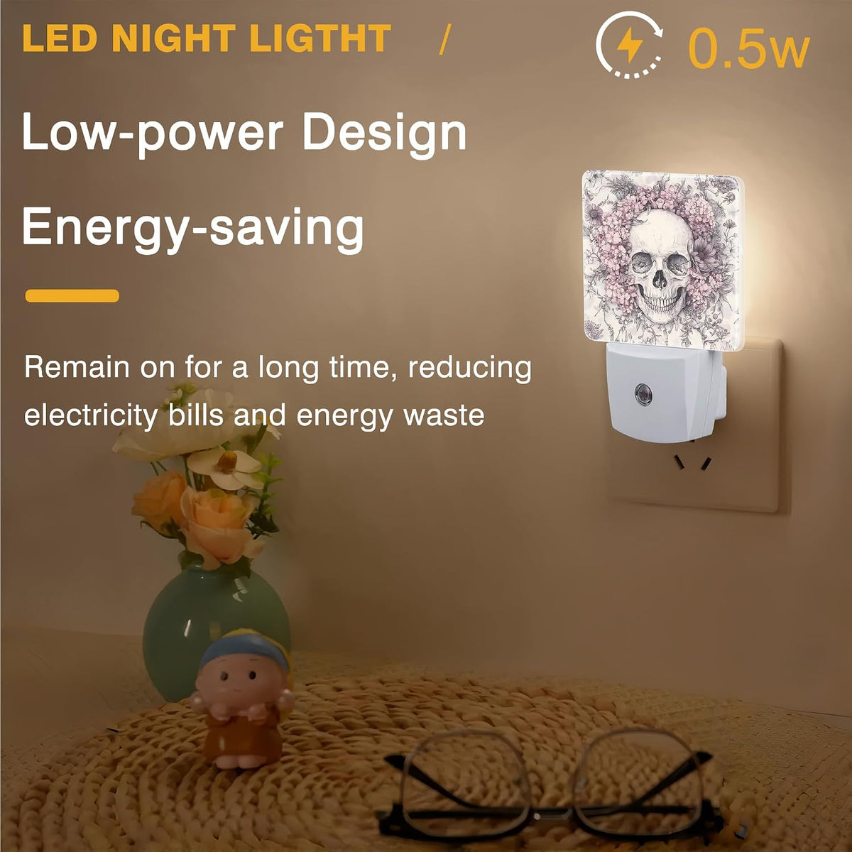 Skull with Pink Flowers Night Light, Plug-in Nightlight with Dusk to Dawn Auto Sensor for Home Bedroom Hallway Kitchen 0.5W Sleep Friendly Led Lamp for Women Men