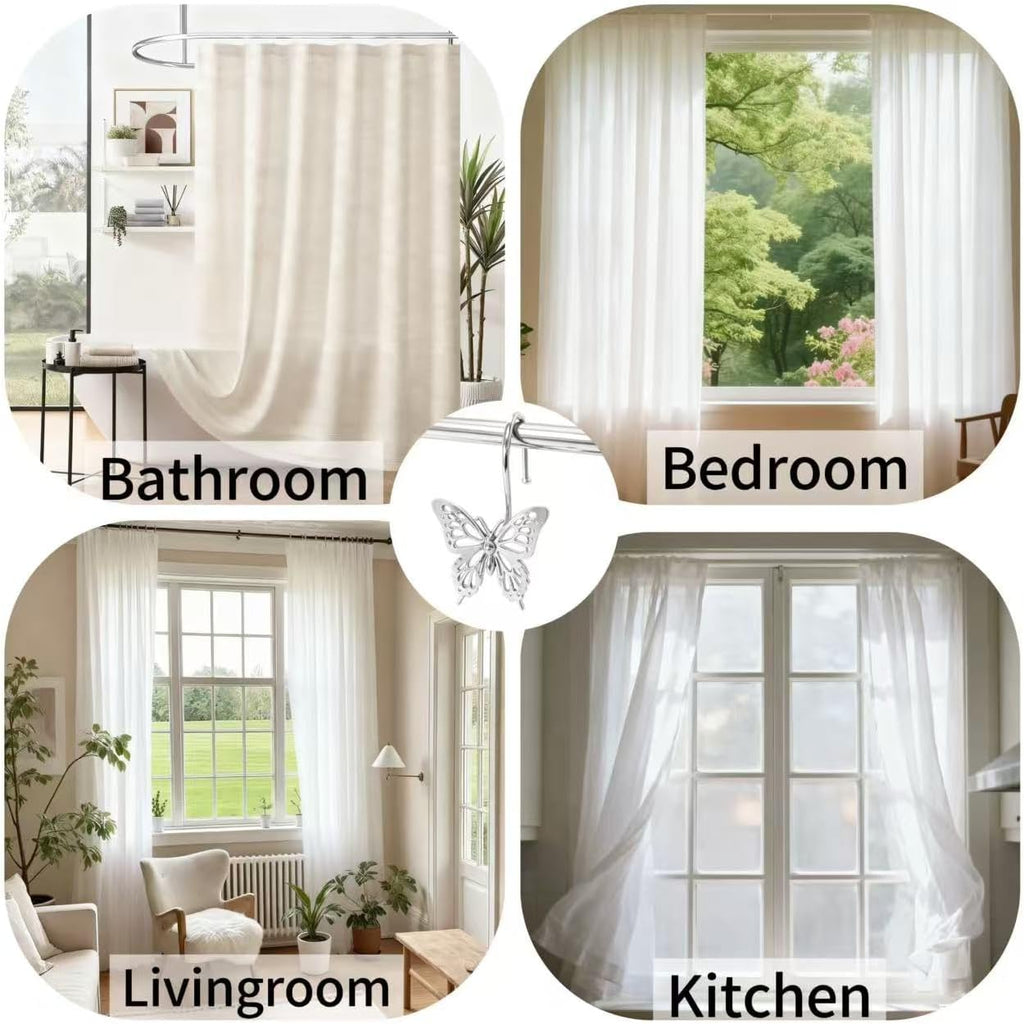 12PCS Decorative Shower Curtain Hooks, Metal Shower Curtain Rings, Rustproof Shower Curtain Hanger for Bathroom, Elegant Butterfly Design (Silver)