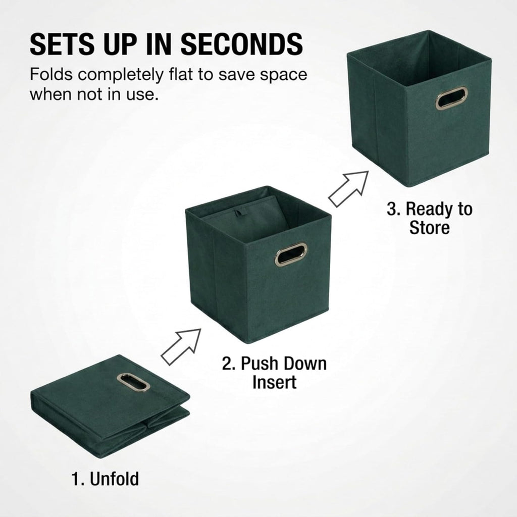 Household Essentials Foldable Fabric Storage Cubes 6-Pack – 11x11x11 Stackable Non-Woven Bins with Chipboard Sides & Grommet Handles – Closet, Shelf, Nursery, or Office Organizer – Dark Green