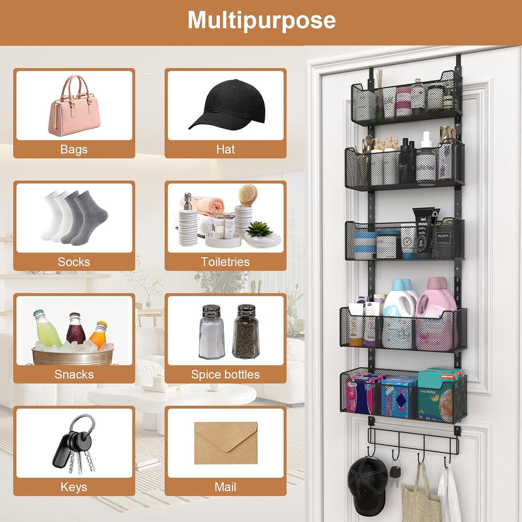 VyGrow Over The Door Organizer, Metal Door Organizer Hanging with 5 Adjustable Baskets and Coat Hook, Behind The Door Storage for Bedroom Closet Bathroom Pantry Cabinet Kitchen, Black