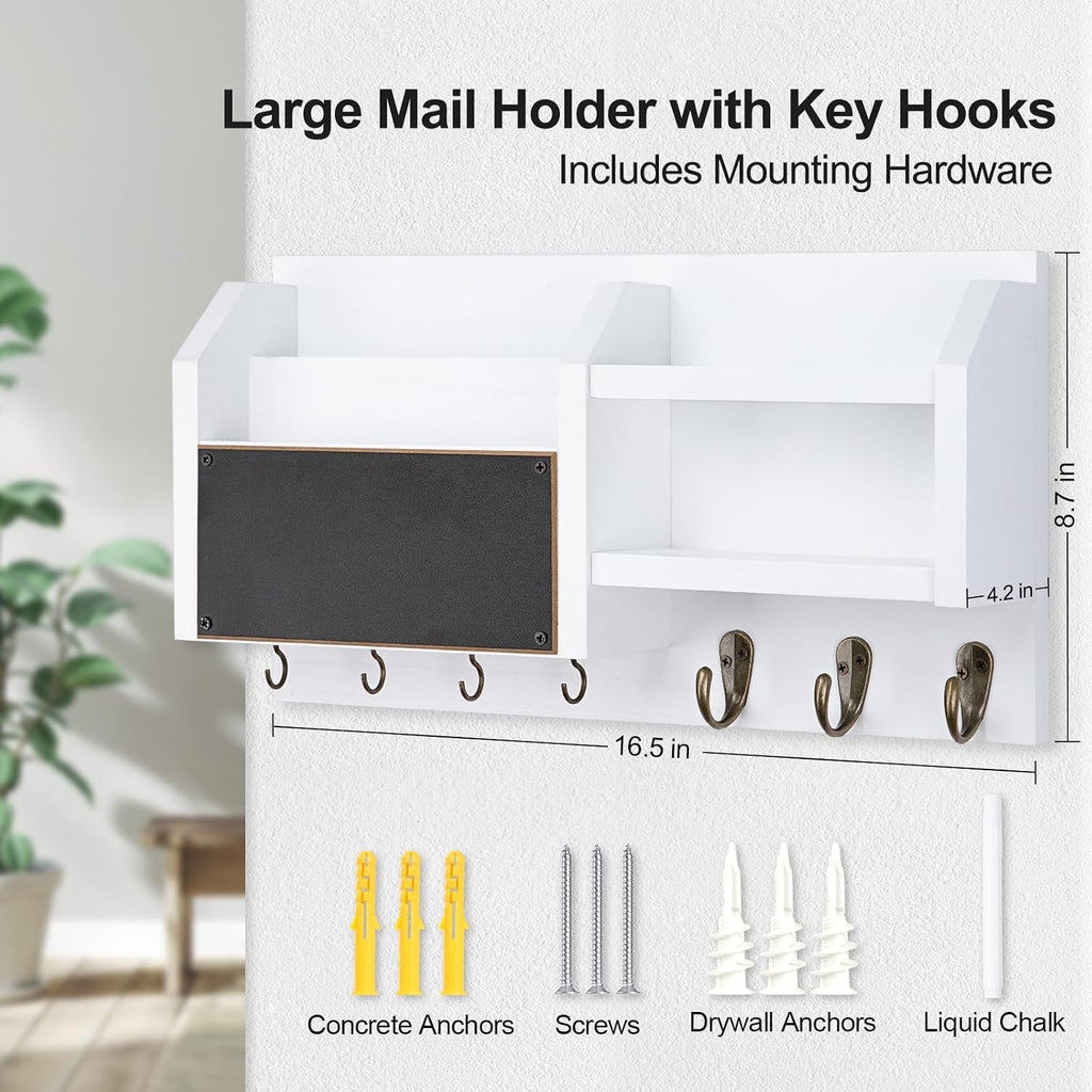 Lwenki Mail and Key Holder – Wall Mount Key Hanger with Shelf and 7 Metal Hooks – Decorative Natural Paulownia Wood Entryway Organizer with Mounting Hardware (16.5”W x 8.7”H x 3.5”D) (White)