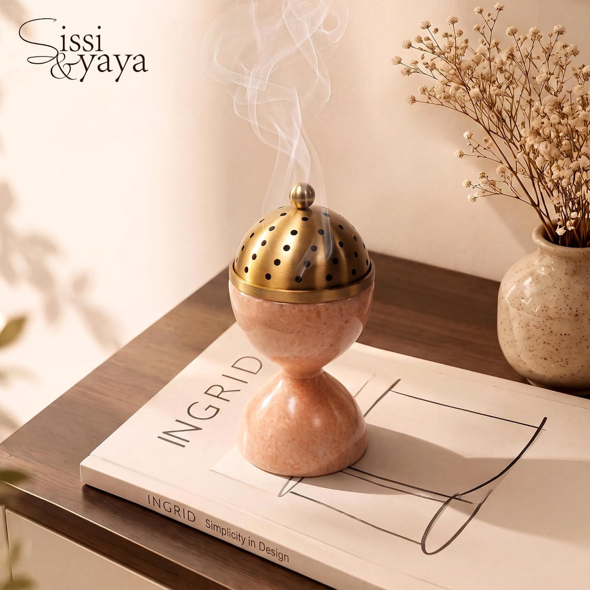 Natural Marble Incense Burner with Brass Accents 6.29 x 3.54 inches Multi-Purpose Holder for Cones/Sticks/Sage, Home Decor & Relaxation (Yellow)