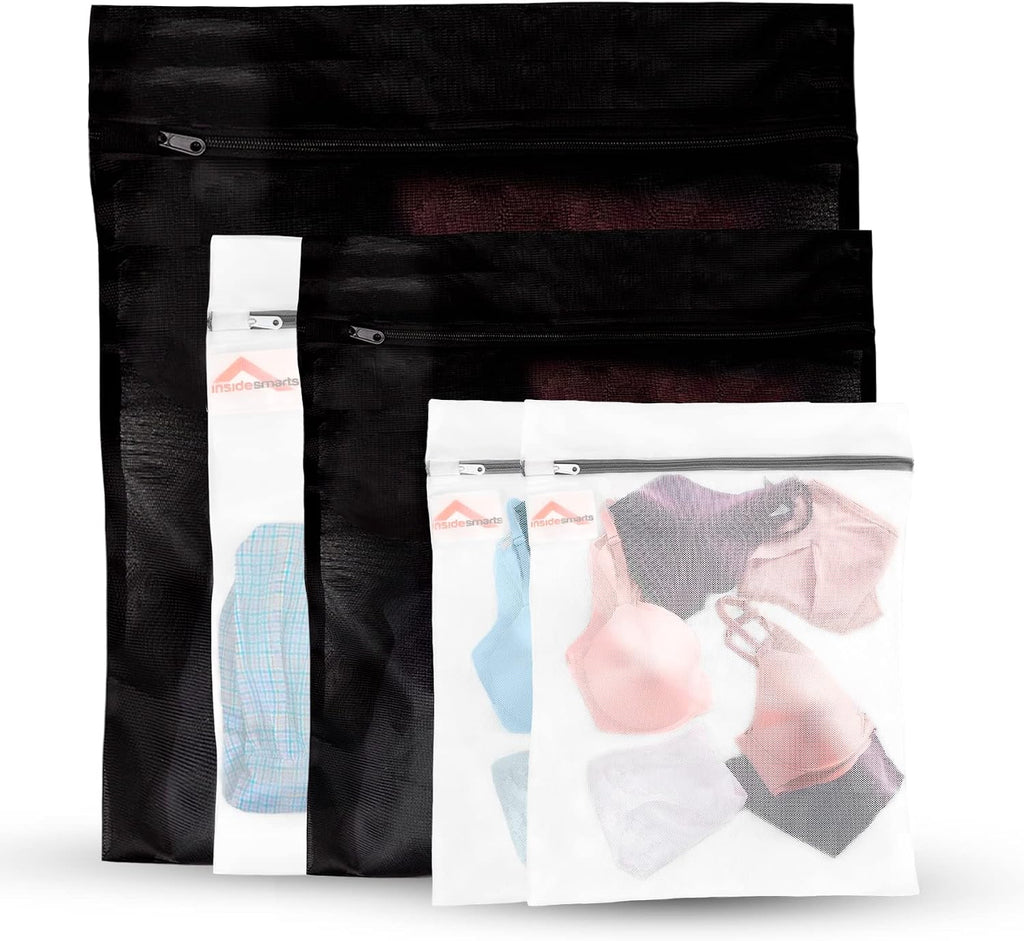 Premium Mesh Laundry Bags Set of 5: Jumbo (1 Black), Large (1 Black & 1 White) and Medium (2 White) – Elastic Gard & Rust-Proof Zipper Bags - Durable Laundry Wash Bags