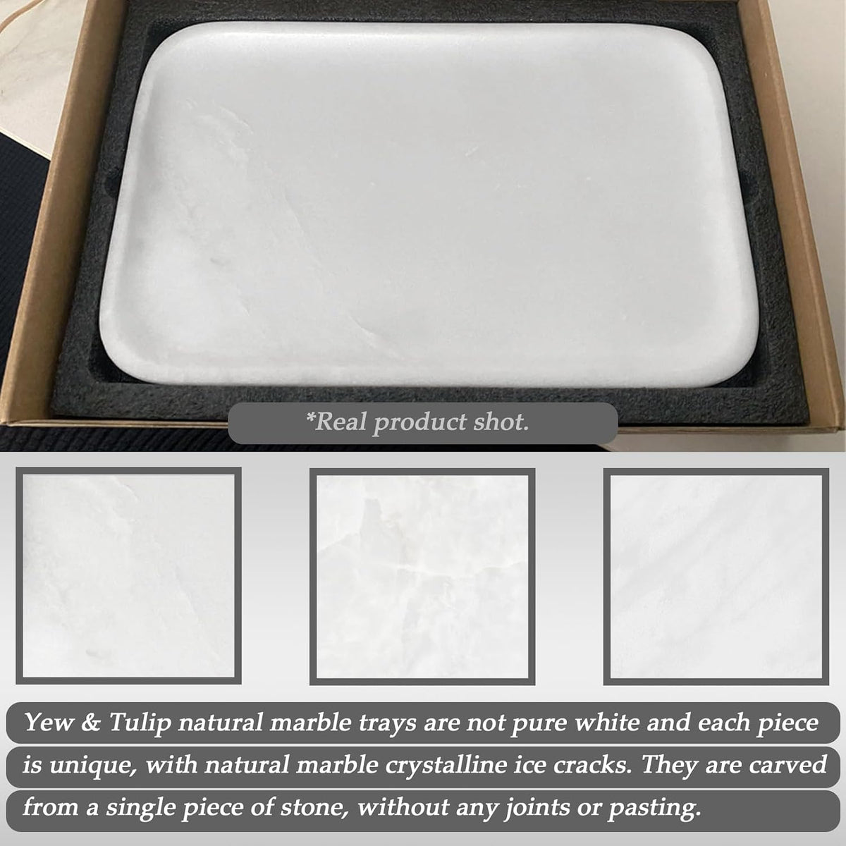 Yew & Tulip 14" x 8.5" Natural Marble Tray for Kitchen, Bathroom, Living Room – Serving/Decorative Vanity Tray for Jewelry, Candles, Decor (Matte White)