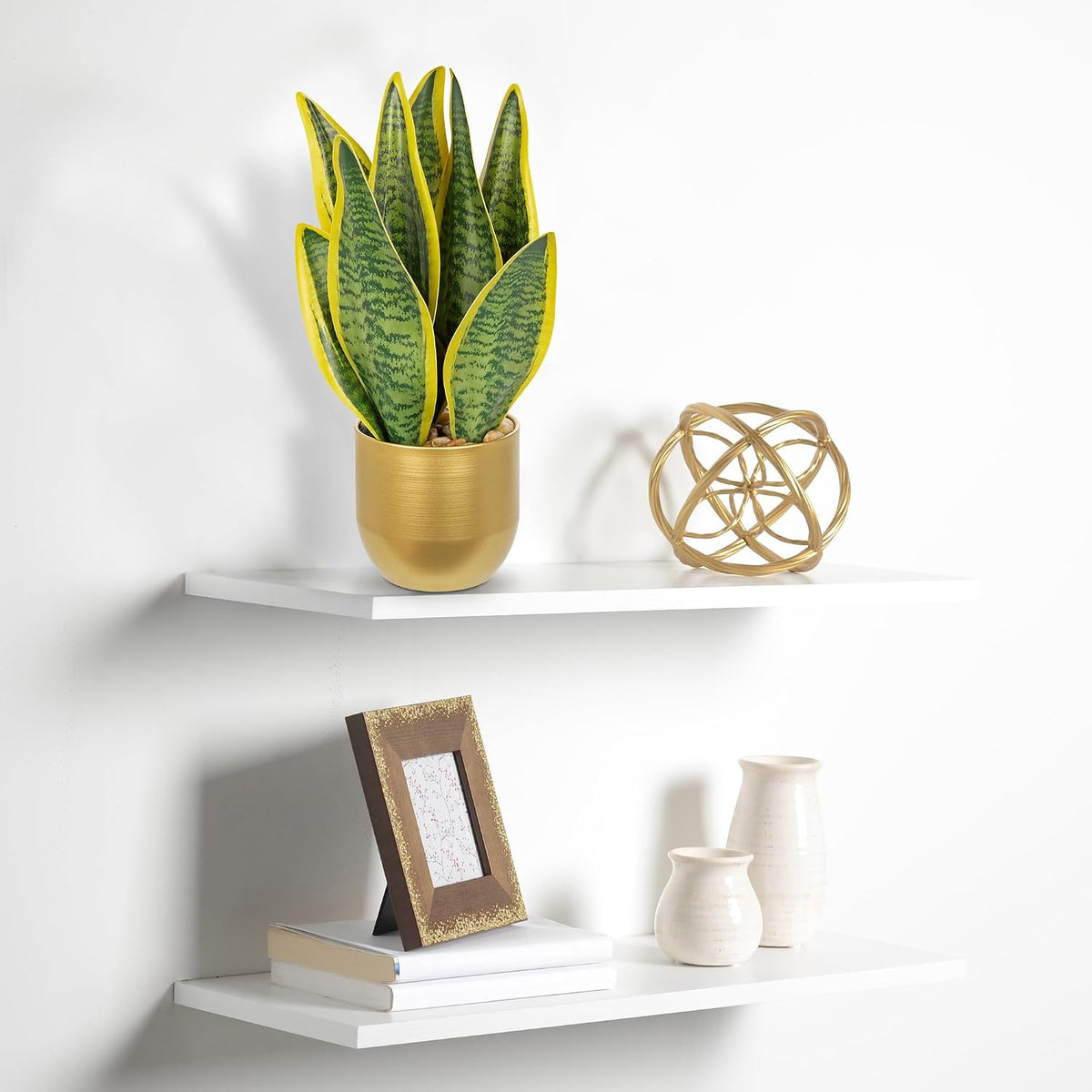 Hollyone Artificial Snake Plant Potted Faux Sansevieria Trifasciata Plants, 13" Tropical Fake Snake Plants in Gold Stainless Steel Metal Pots for Home Office Room Indoor Decor Housewarming Gifts