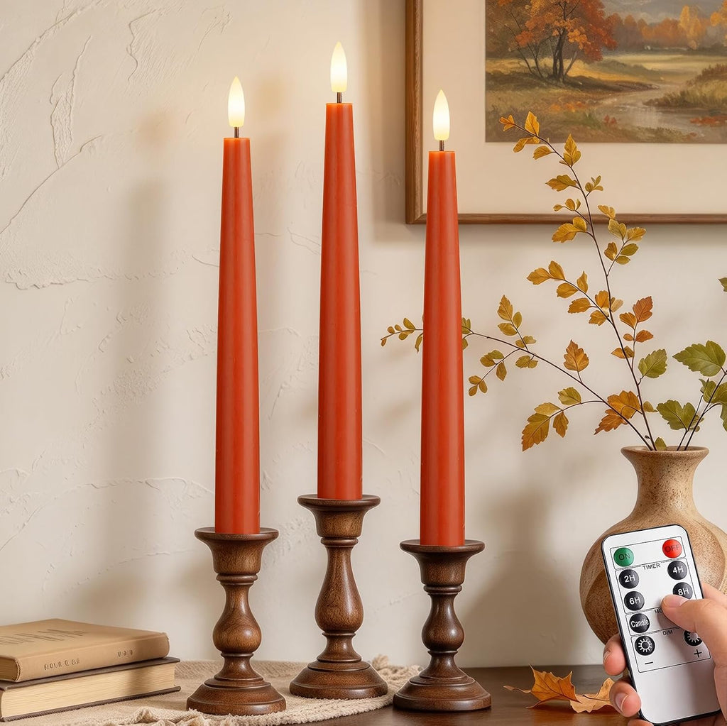 Fall Taper Candles Flameless Burnt Orange Candle Sticks, Terracotta, 3 Pack