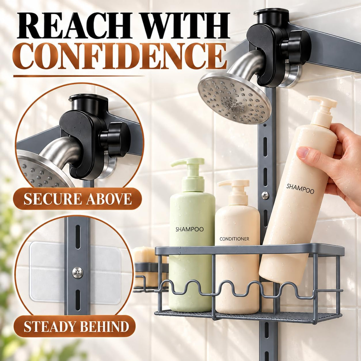 Extra Large Shower Caddy Hanging, Rust-Resistant Shower Organizer Hanging,3 Tier Height-Adjustable Over the Head Caddy,Rack with Soap Basket (Gray)