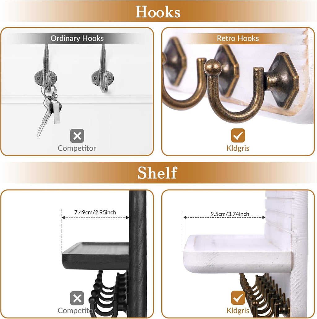 Key Holder for Wall, Mail Organizer Wall Mount with 8 Hooks Wooden Hanging Key Rack for Home Decor, Hallway, Entryway (Vintage White)