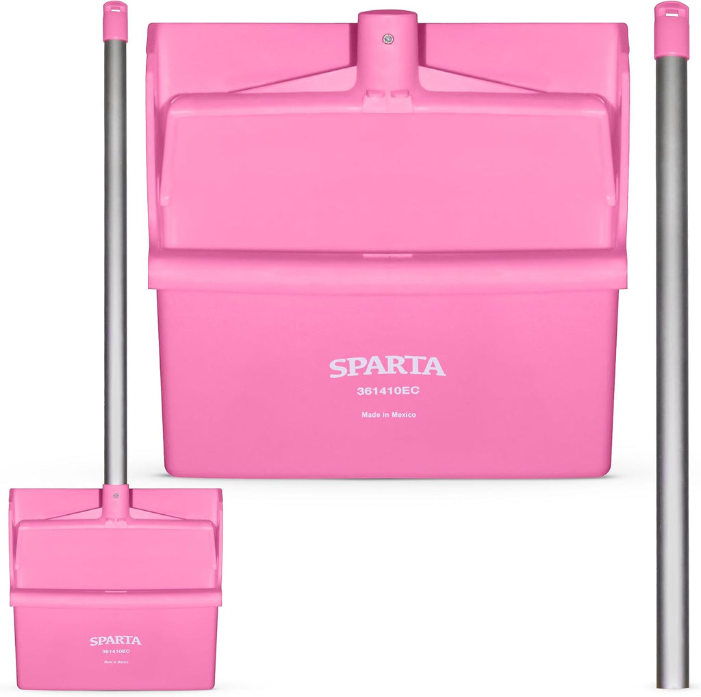 SPARTA Color Coded Upright Dustpan with 30 Inch Aluminum Handle, Serrated Edge and Locking Yoke, Standing Commercial Floor Dust Pan, Pink