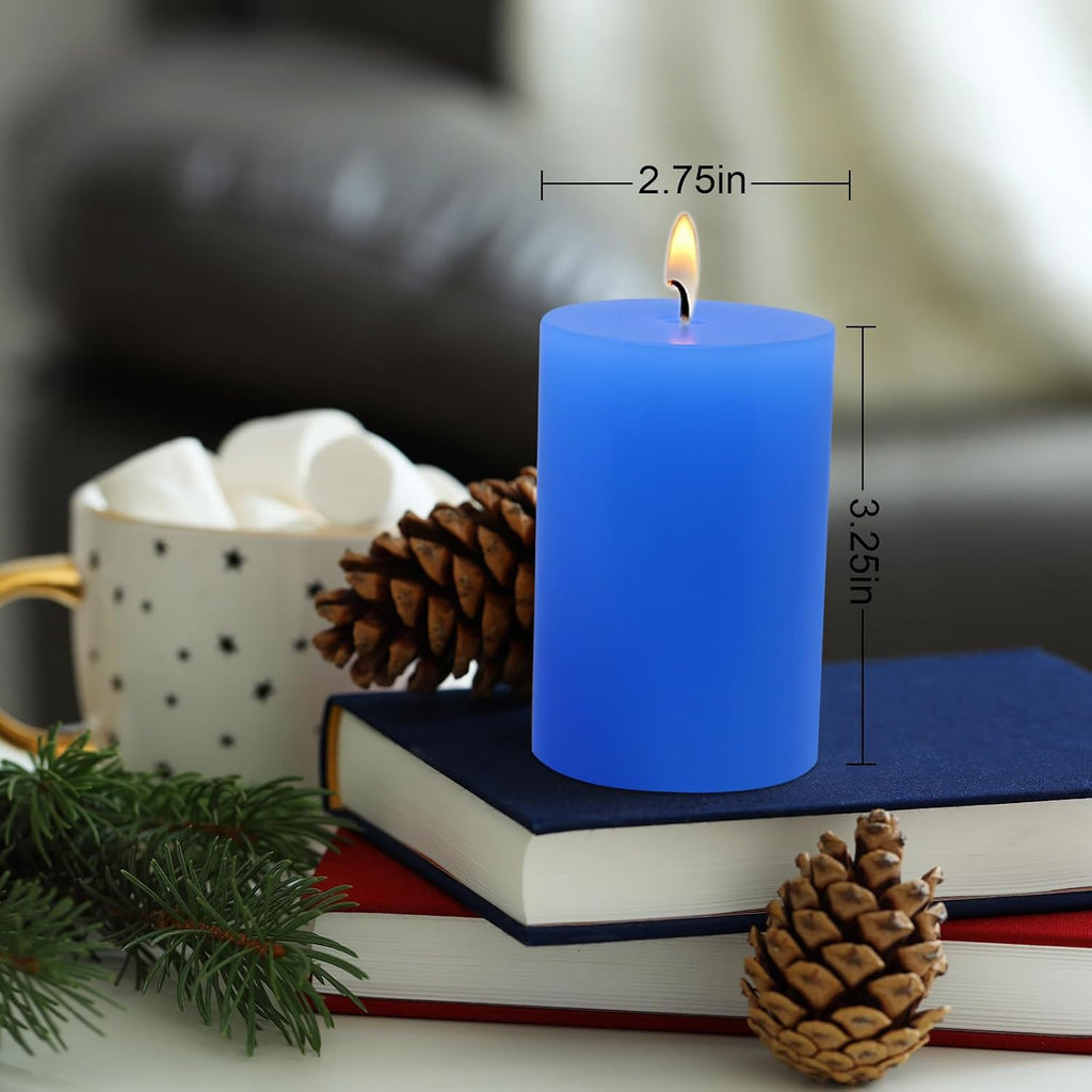 6 Packs 2.75x3.25 Inch Blue Colored Pillar Candles, Unscented Dripless Cylinder Paraffin Wax Candles for Home Table Holiday Party Spa Decor Emergency Power Outage