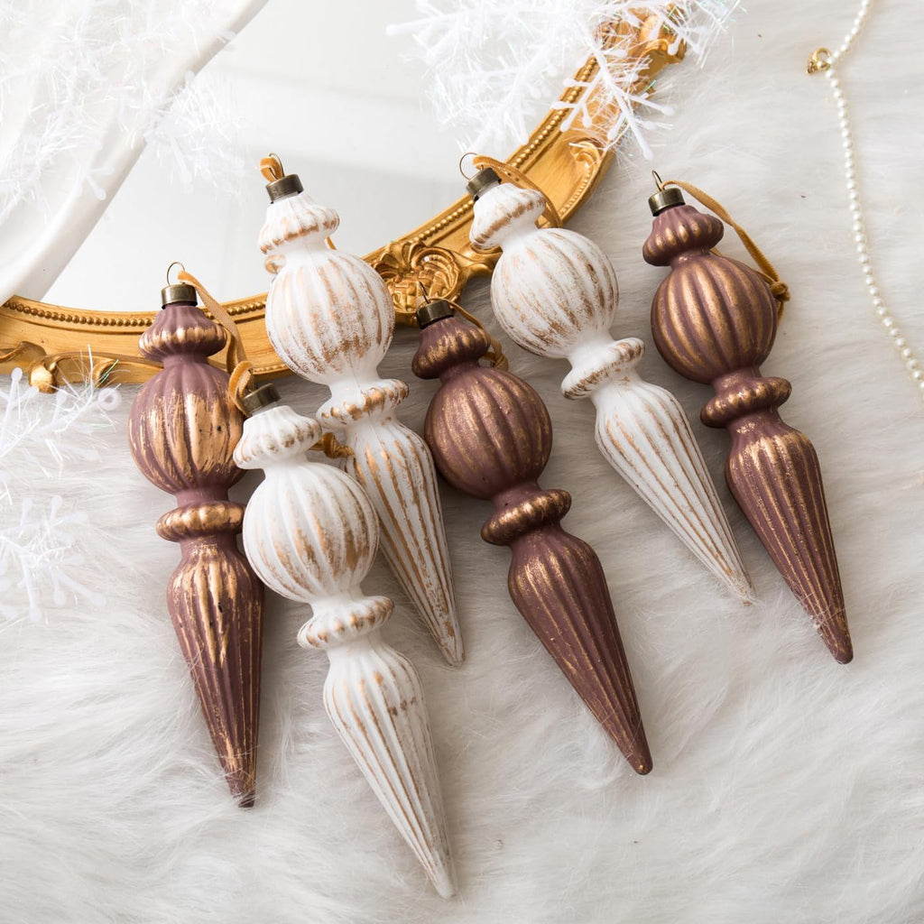Vintage Finial Christmas Ornaments, 6Pcs Neutral Shatterproof Xmas Tree Ornaments(Classic Color)
