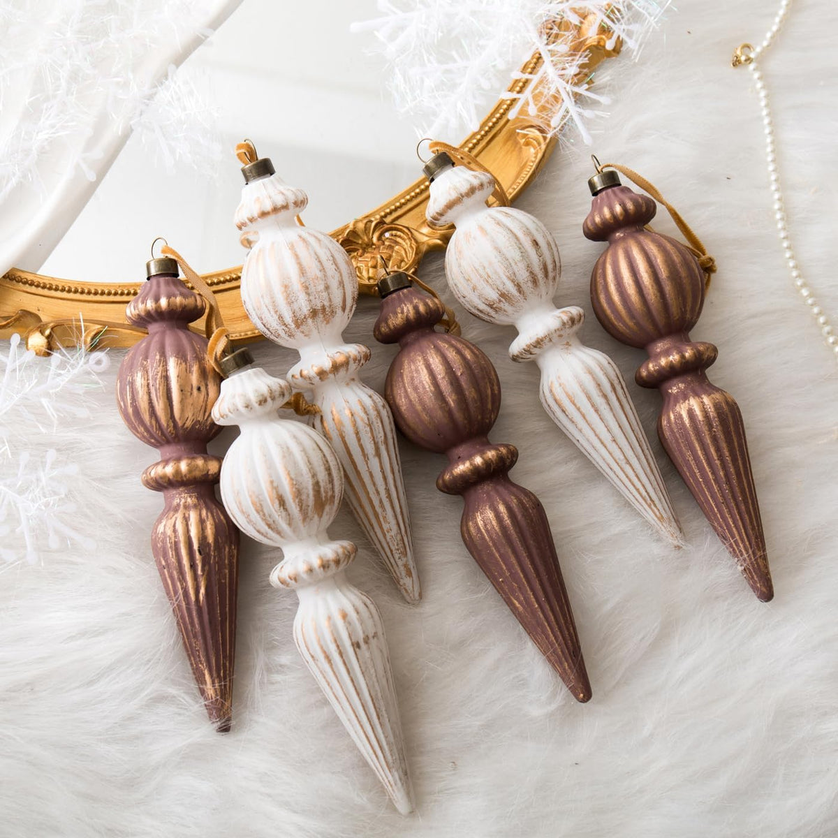 Vintage Finial Christmas Ornaments, 6Pcs Neutral Shatterproof Xmas Tree Ornaments(Classic Color)
