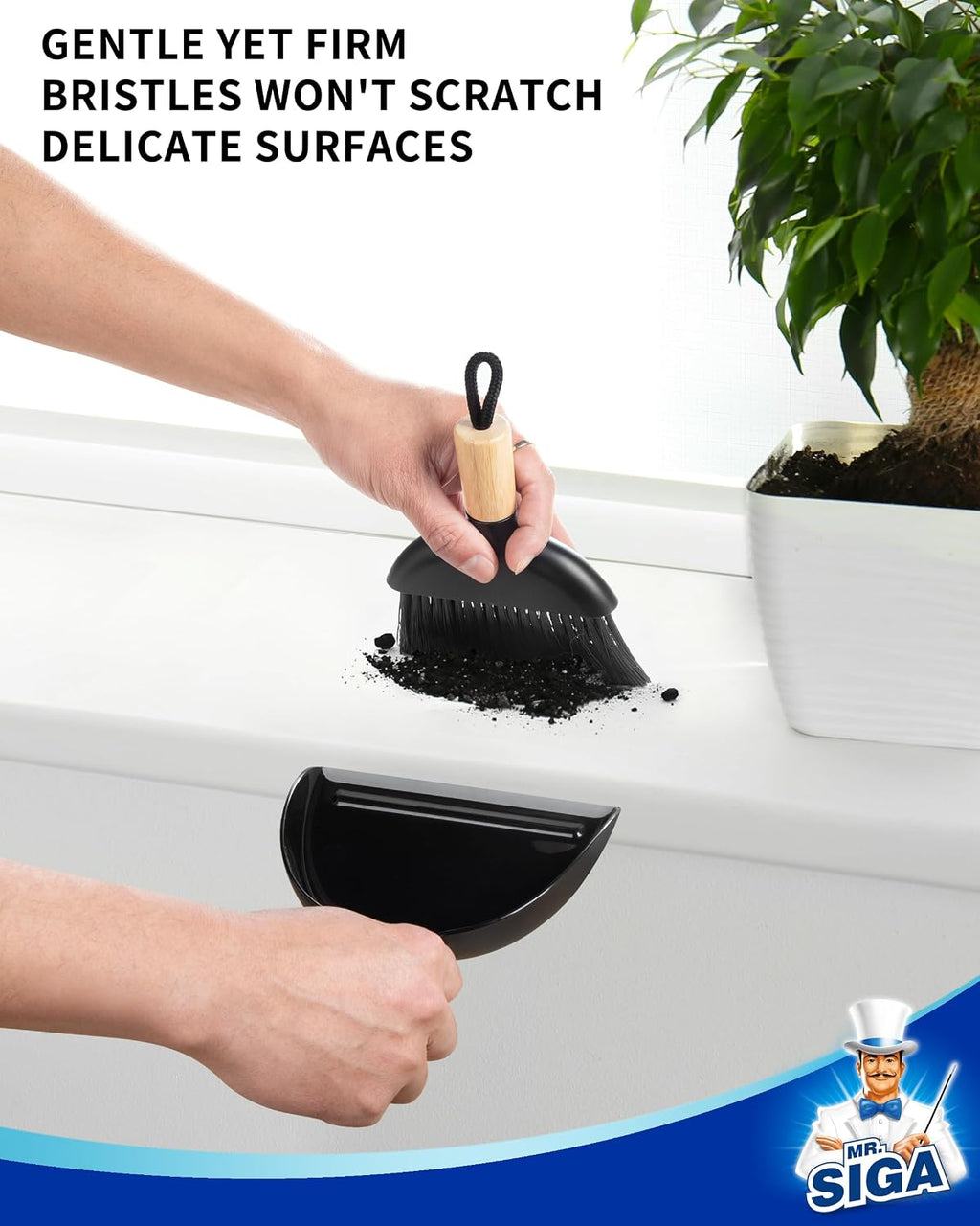 MR.SIGA Mini Dustpan and Brush Set, Bamboo Handle, Black, 1 Set