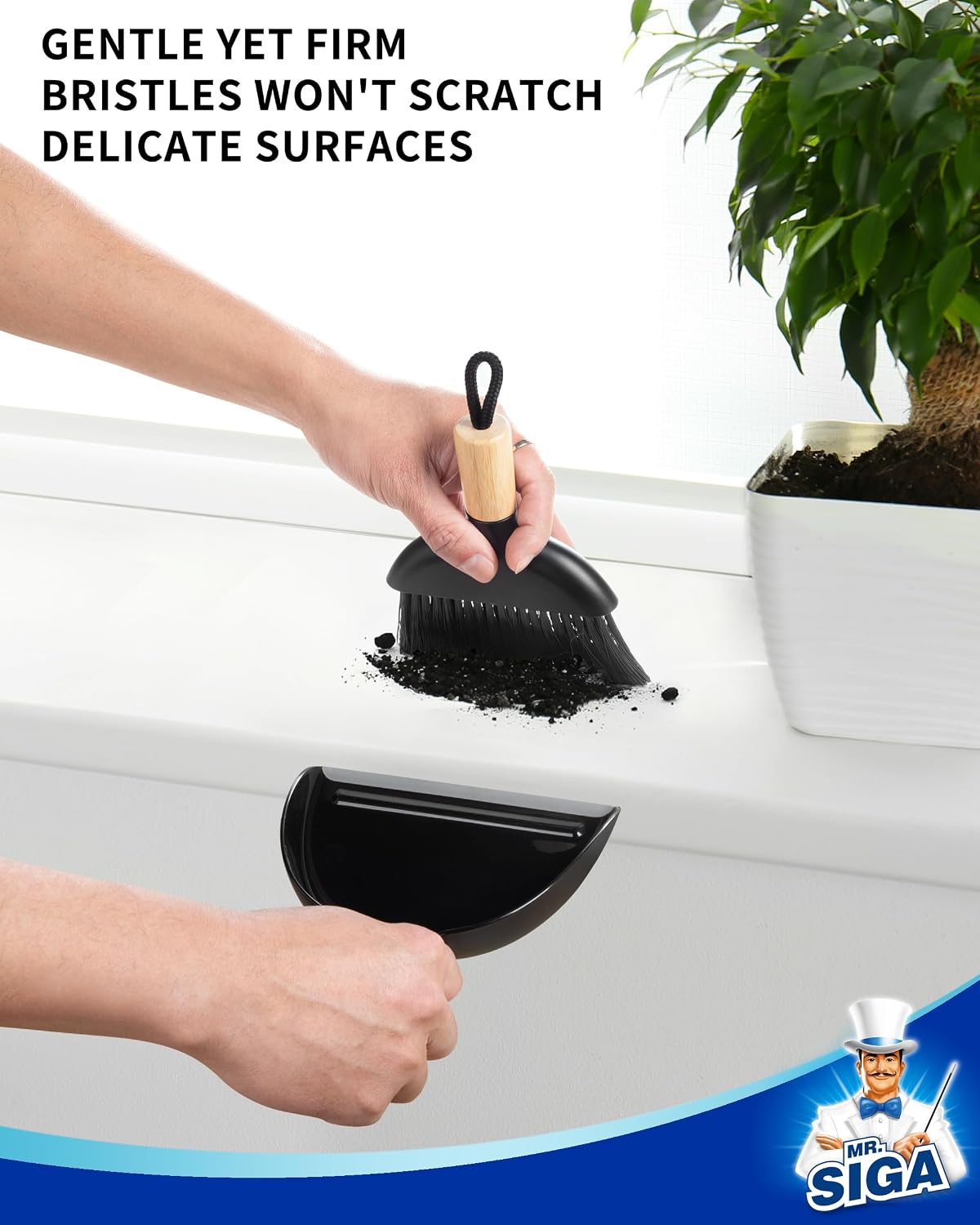 MR.SIGA Mini Dustpan and Brush Set, Bamboo Handle, Black, 1 Set