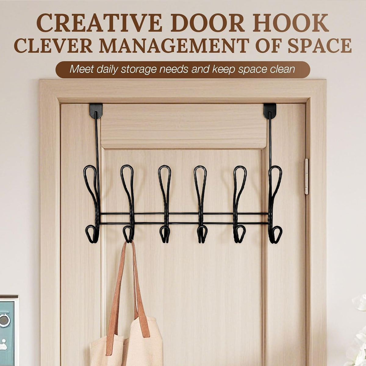 Twisted Design Over The Door Hook Rack With 12 Hooks - Towel, Coat Hanger for Bathroom, Bedroom or Laundry Room (Black)