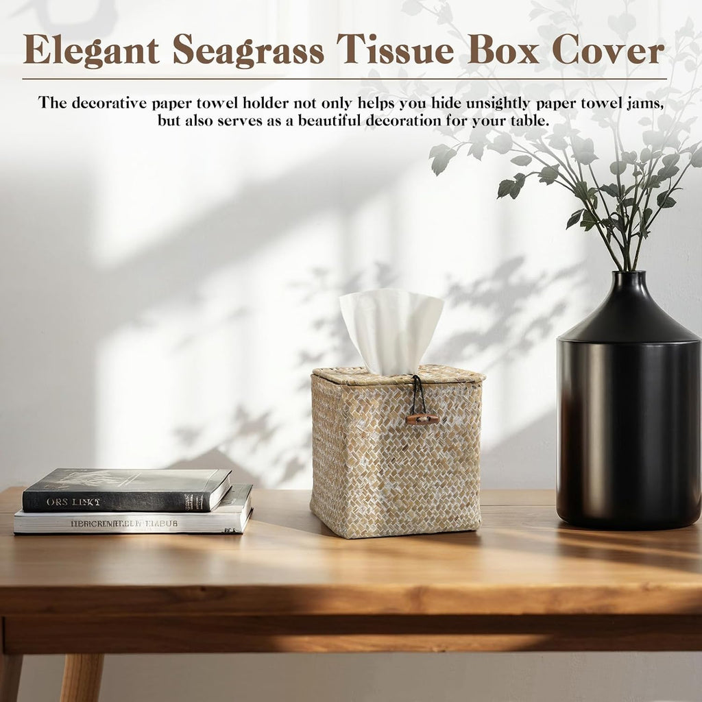 4 Pack Seagrass Tissue Box Cover Square Woven Tissue Box Holder Square Boho Decor Tissue Holder with Lid Farmhouse Tissue Box Cover for Toilet Bathroom Living Room Kitchen Bedroom Office Dorm