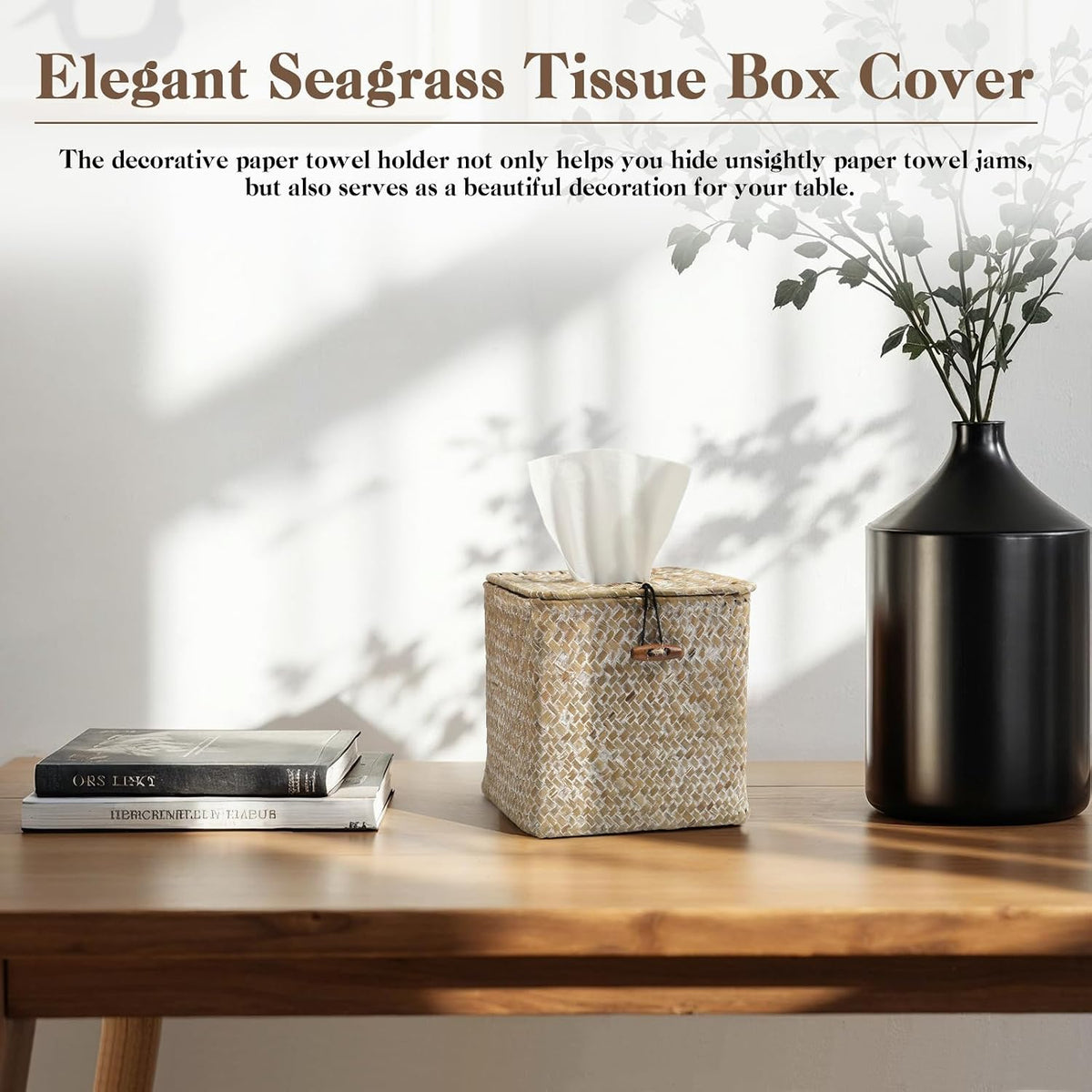 4 Pack Seagrass Tissue Box Cover Square Woven Tissue Box Holder Square Boho Decor Tissue Holder with Lid Farmhouse Tissue Box Cover for Toilet Bathroom Living Room Kitchen Bedroom Office Dorm
