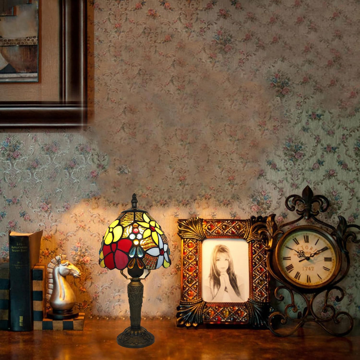 Tiffany Style Small Table Lamp,Rose Flower Stained Glass 3 Color Temperature Antique Table Lamps,Bedside Nightstand Lamp for Bedroom,Living Room,Home Office+LED Bulb,6X6X12.5Inch