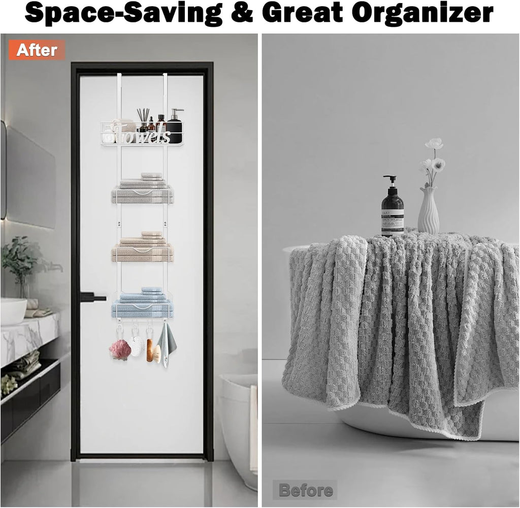 Over The Door Towel Racks, No Drill Towel Storage with Basket & Hooks, Space-Saving Multi-Functional Towel Holder for Bathrooms, bedrooms, Apartments, RVs (White, 5 Tier)