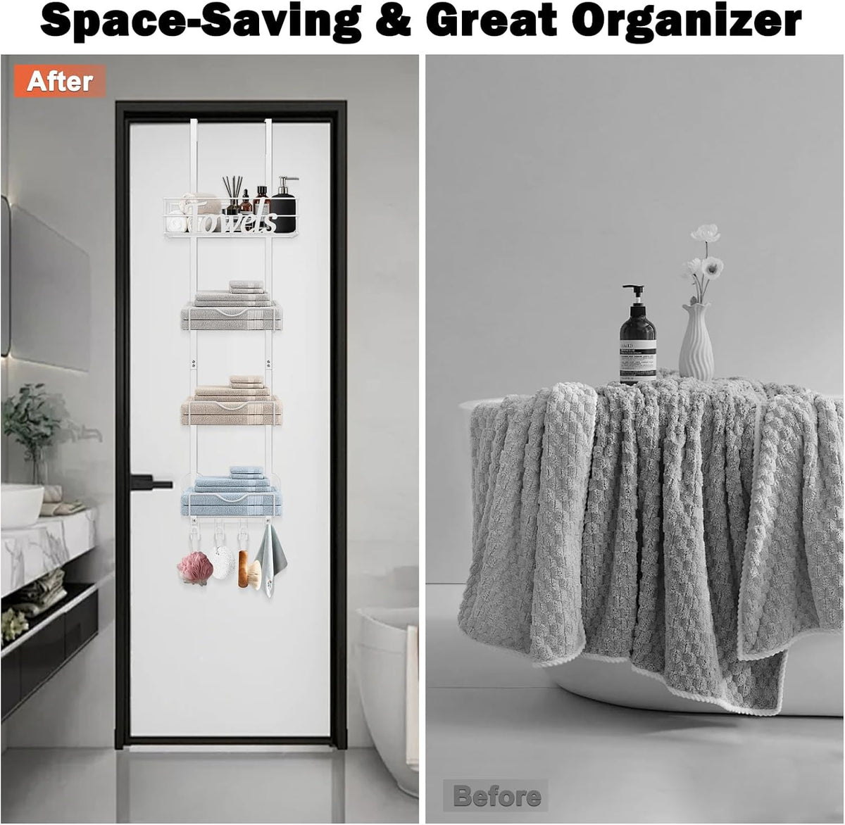 Over The Door Towel Racks, No Drill Towel Storage with Basket & Hooks, Space-Saving Multi-Functional Towel Holder for Bathrooms, bedrooms, Apartments, RVs (White, 5 Tier)