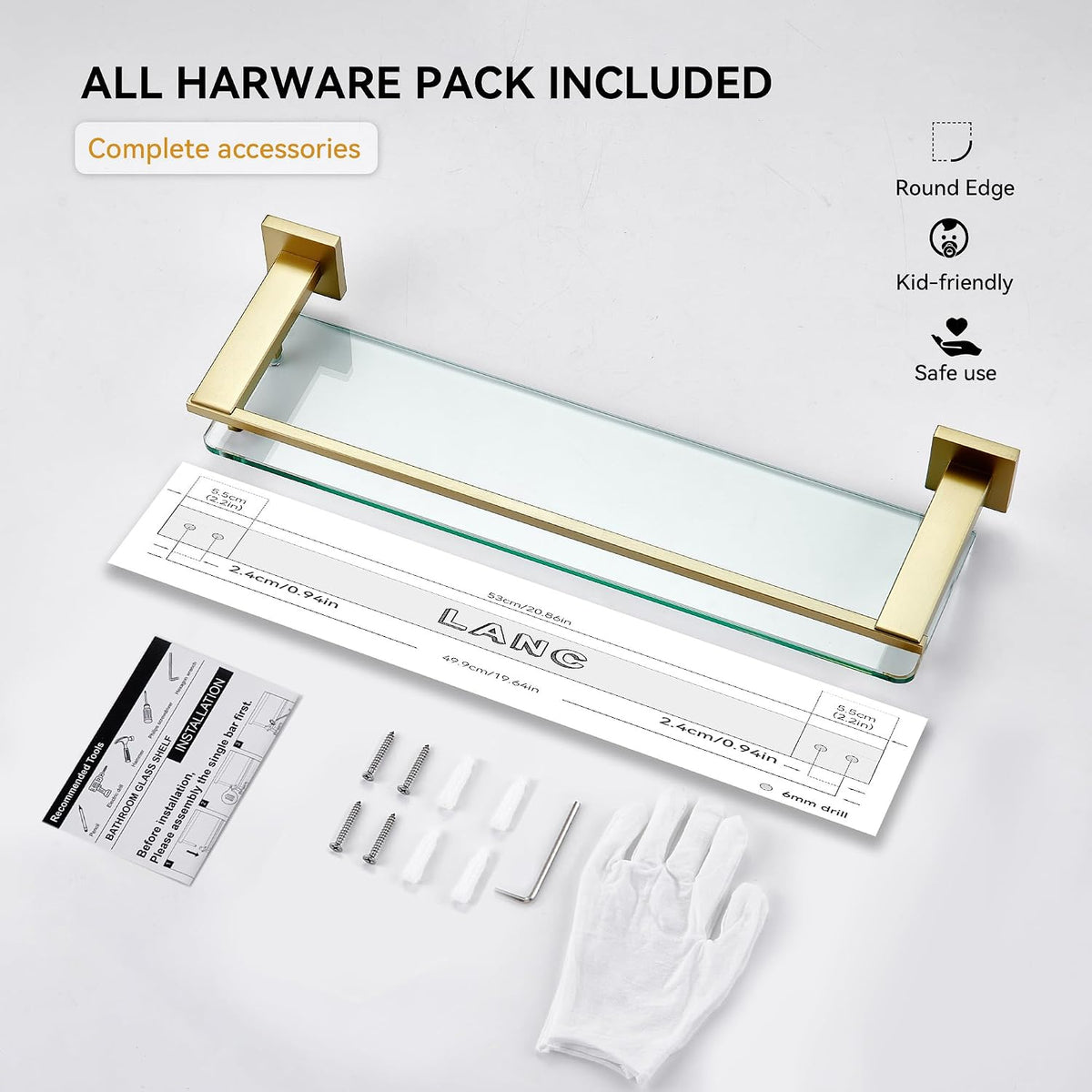 LANC Gold Bathroom Shelf Glass Shelves 20-Inch Floating Tempered Glass Shelf Rectangular Modern Stainless Steel Wall Mounted Cologne Shelves for Men Shower Bathroom Kitchen Organizers，A7613BG