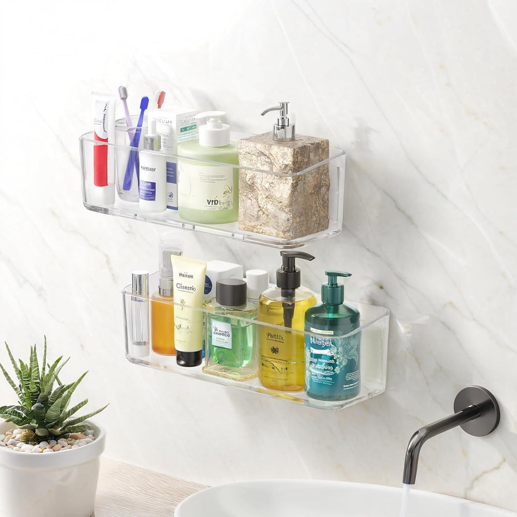 PAVSTINE 2 Pcs Clear Shower Shelf, Large Bathroom Wall Mounted Shower Caddy