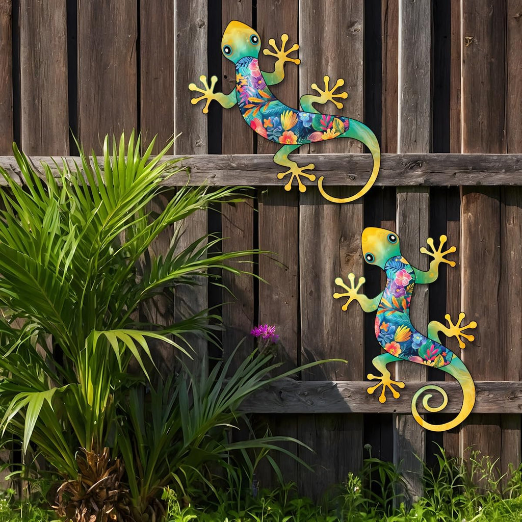 Metal Gecko Outdoor Decor -2 Pack 11.8 inch Metal Lizard Wall Hanging Sculpture Decoration for Indoor or Outdoor, Garden Yard Fence Porch Wall Decor