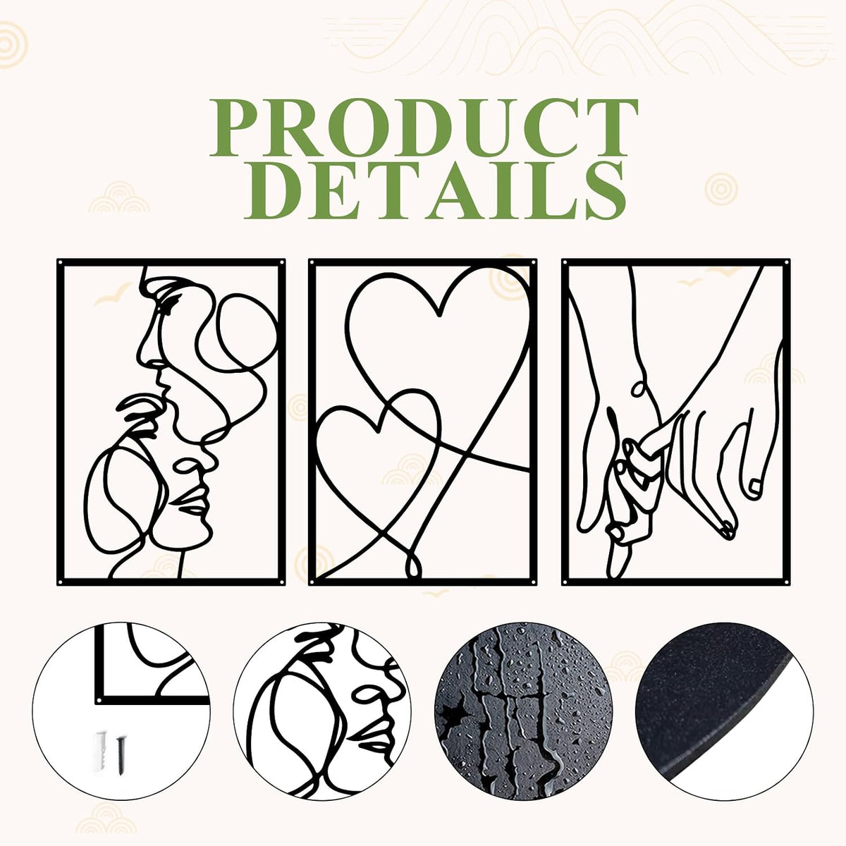 3 Pcs Metal Minimalist Line Wall Art, Love Heart Metal Wall Decor
