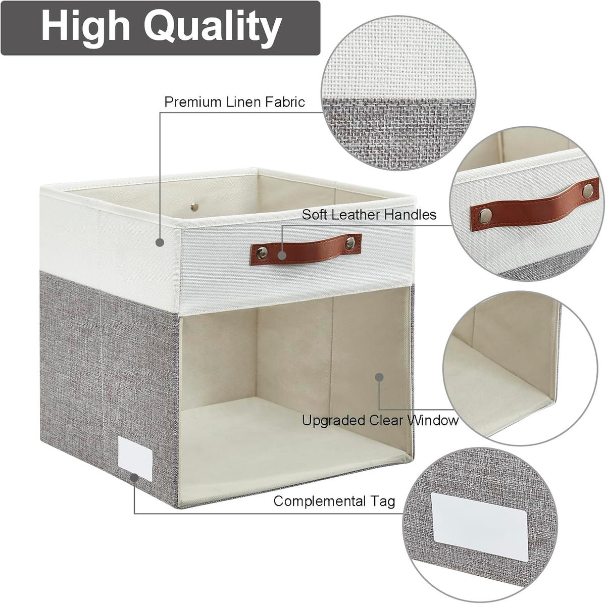 Bagnizer Storage Cubes, 4 Pack Linen Foldable Storage Bins (13 x 13 inch) with Clear Window and 2 Handles, Closet Organizers and Storage for Shelf Closet, Clothes, Books - (Gray and White)
