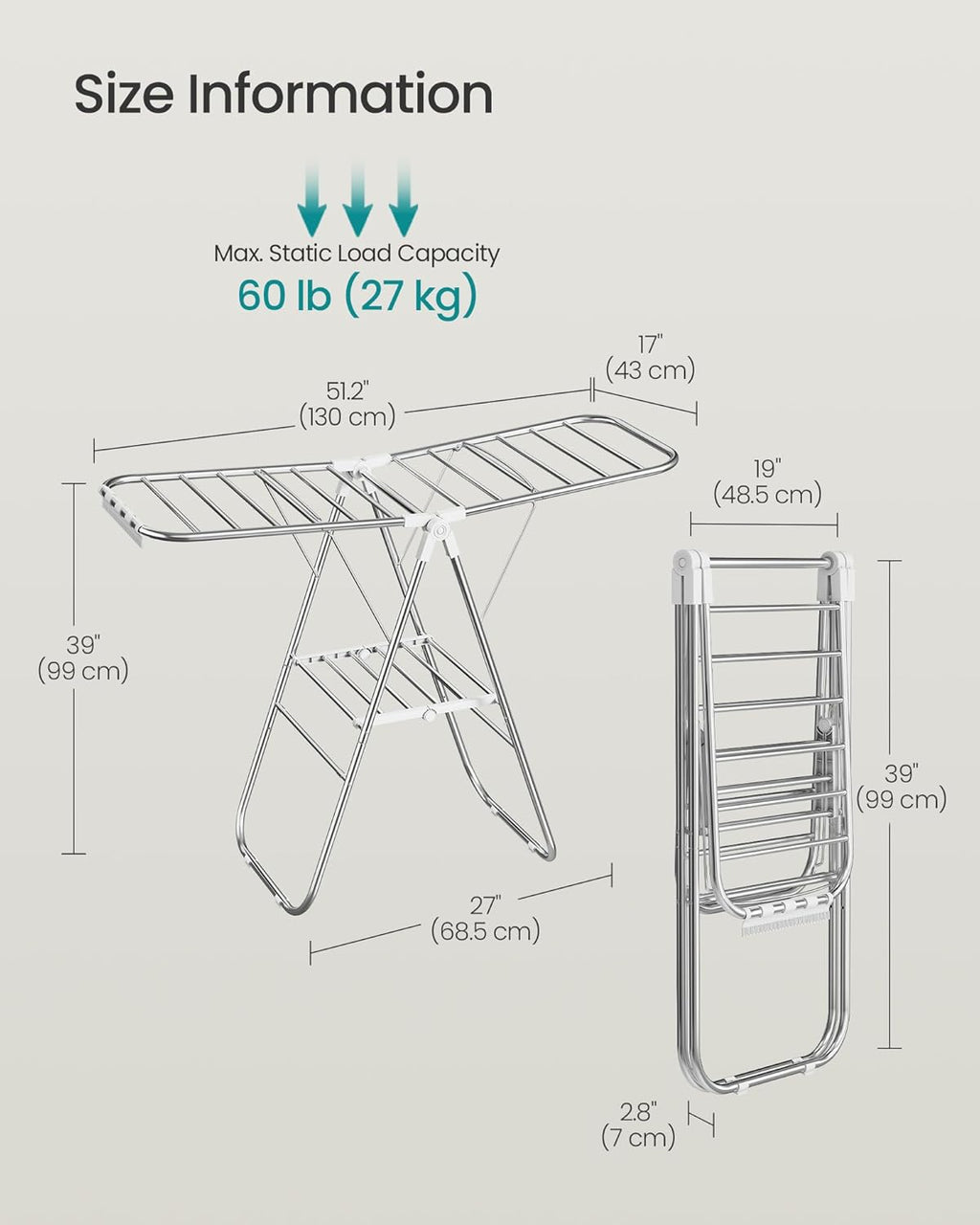 SONGMICS Clothes Drying Rack, Foldable Metal Airer, 19.3 x 51.2 x 39.4 in