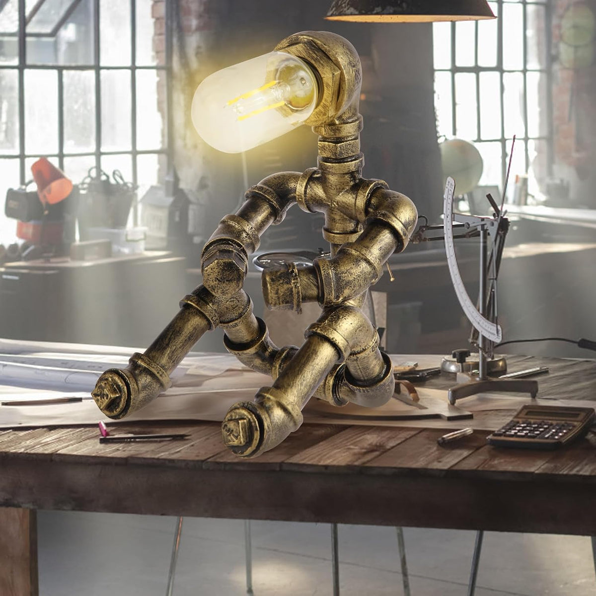 Steampunk Decor Table Lamp for Men Unique Creative Robot Style Desk Lamp,Vintage Industrial Metal Pipe Water Pipe Light, Home Decor Ideal for Bedrooms,Study. (Bronze C)