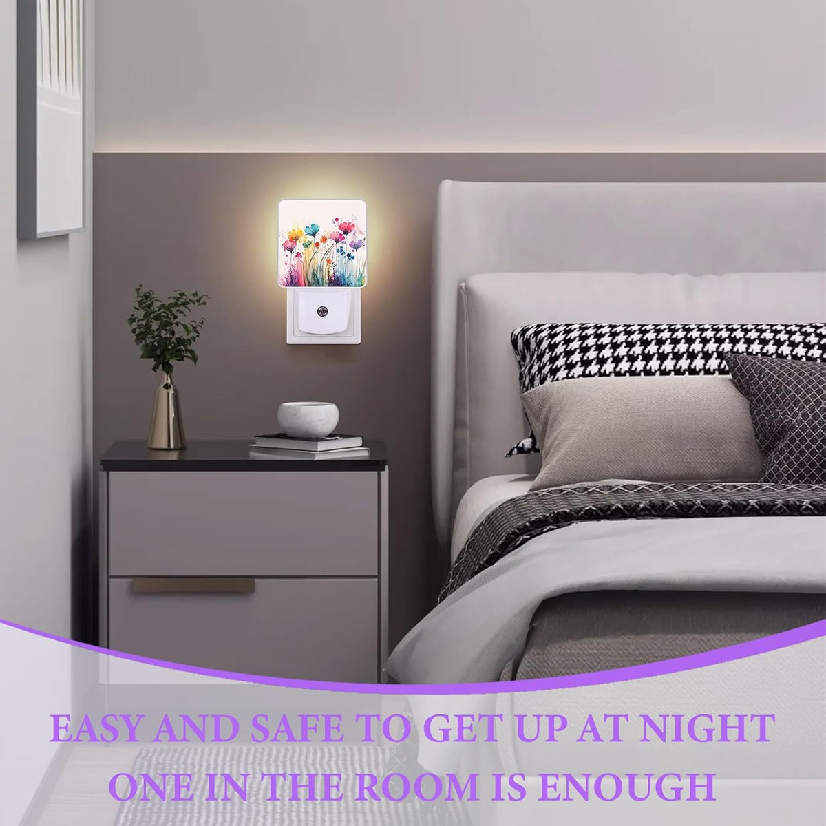 Watercolor Floral Night Light,Abstract Plug-in Night Lights with Dusk-to-Dawn Sensor for Bedroom,Bathroom and Living Room Sleep Friendly lamp 0.5w