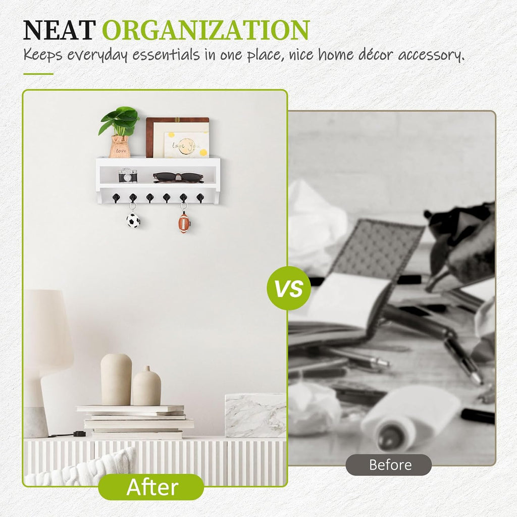 Nekon Key Holder Wall Mount, Pine Wooden Mail Organizer, White