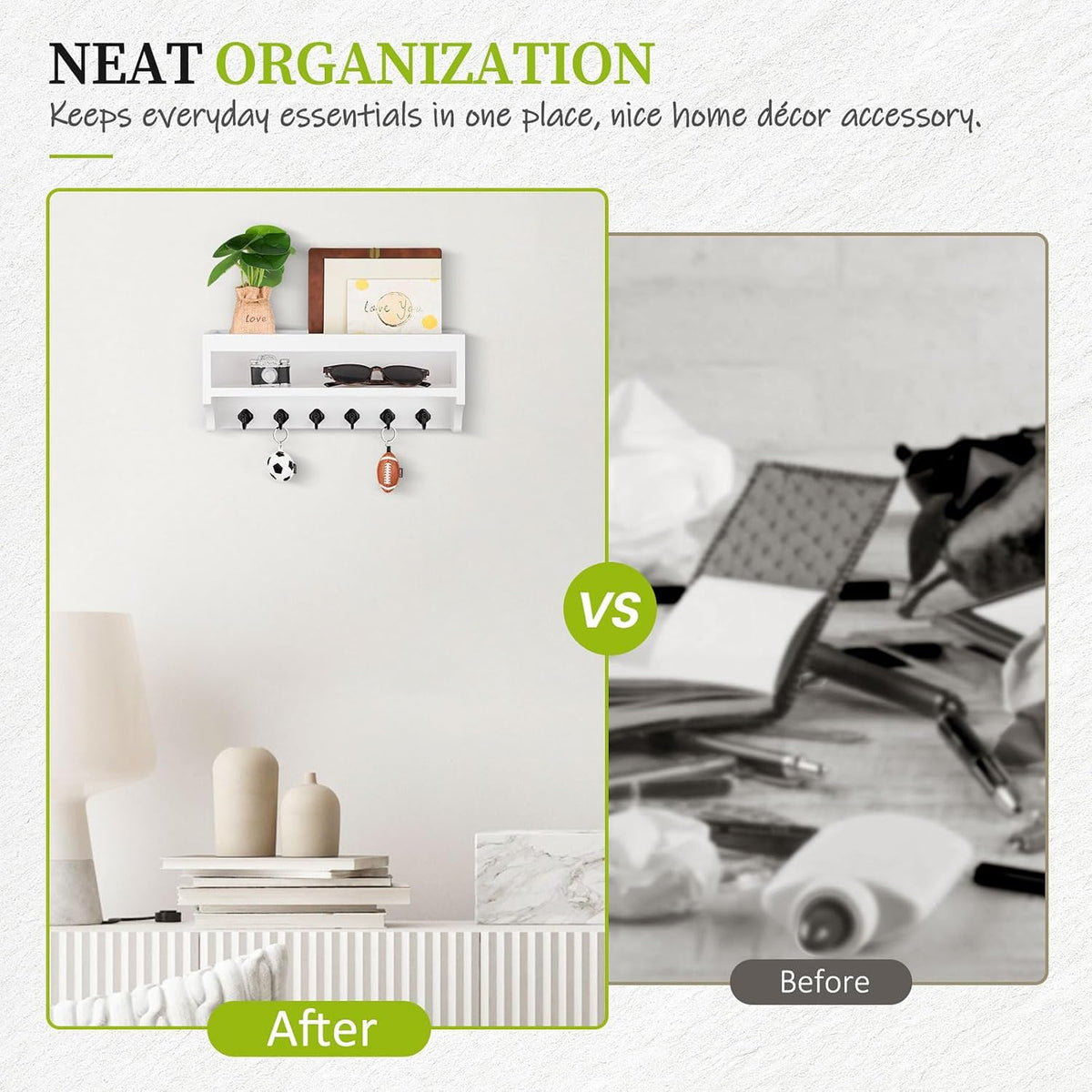 Nekon Key Holder Wall Mount, Pine Wooden Mail Organizer, White