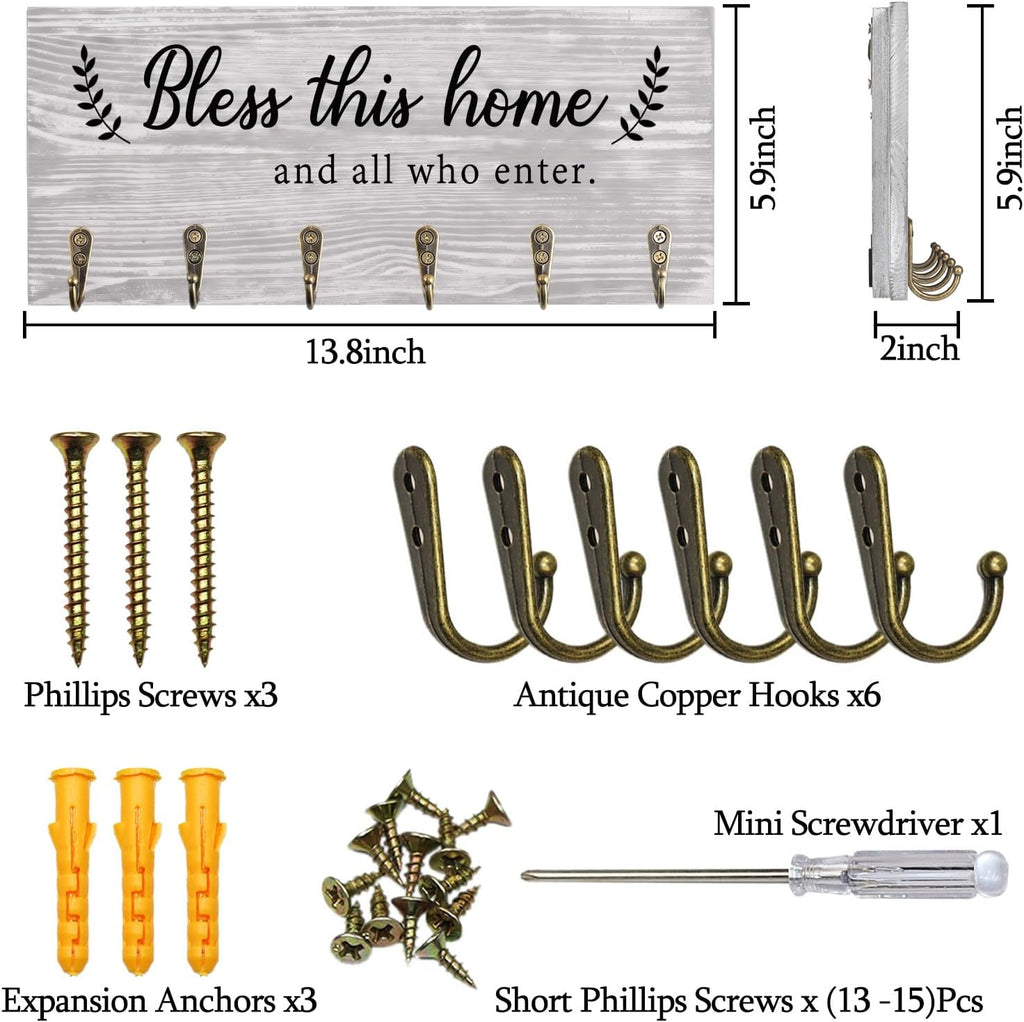 AHYS Key Holder Wall Mount with Words “Bless This Home”, Rustic Wooden Key Hanger with 6 Hooks for Farmhouse Home Entryway Living Room Decor - Light Grey