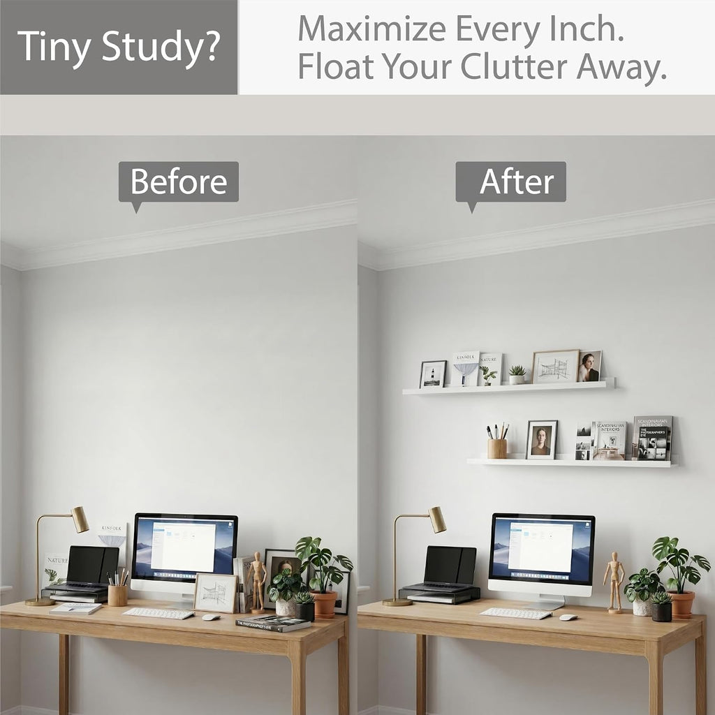 White Picture Ledge Shelves, 36 Inch Long Floating Shelf Set of 2