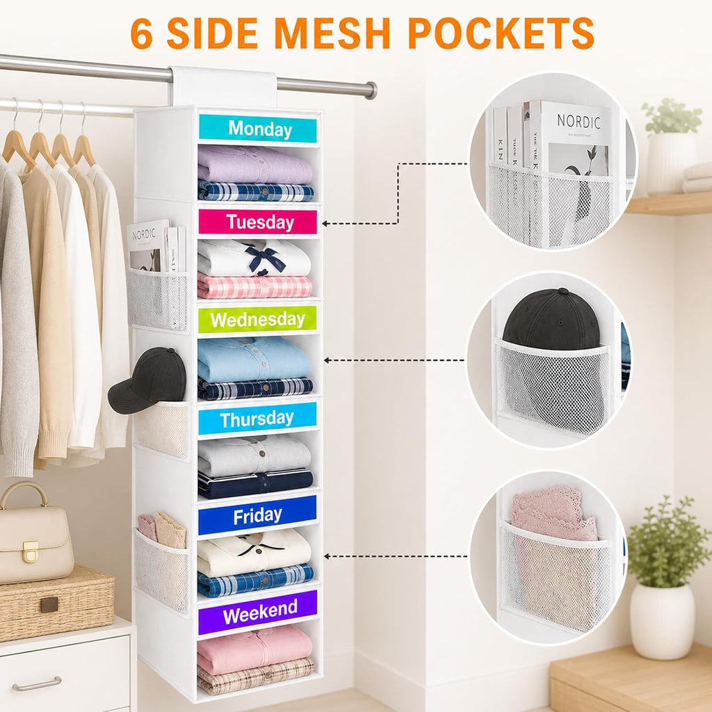 6 Shelf Weekly Clothes Organizer for Kids Daily Outfit(White)