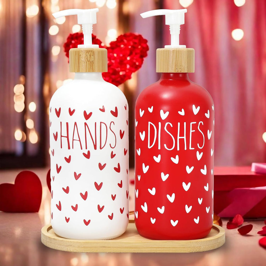 FYSUIMU 2 Pcs Valentine's Day Soap Dispenser Glass Soap Dispenser with Pump Red White Heart Refillable Liquid Container for Hands Dishes Party Home Kitchen Bathroom Decor
