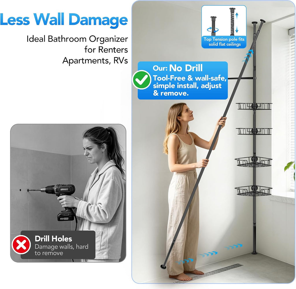 Corner Shower Caddy Tension Pole, Triple Stability 4-Tier Bathroom Rack