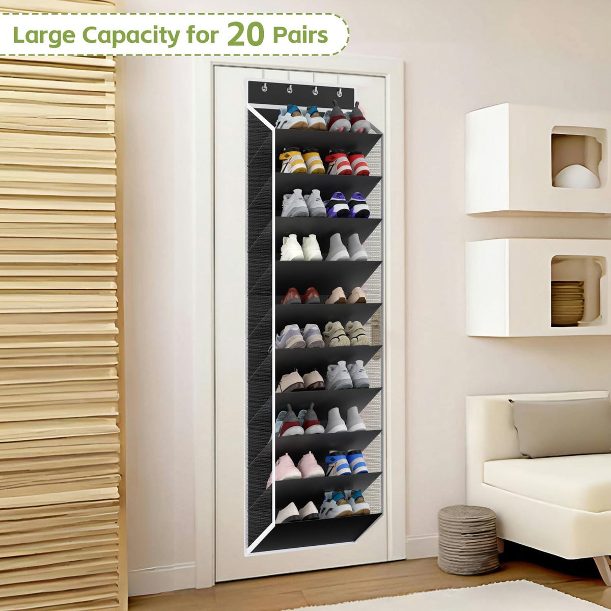 KEEPJOY 10 Tiers Mesh Over Door Shoe Organizer Storage, Hanging Shoe Holder for Door with Large Deep Pockets, Fit 20-30 Pairs Shoe Rack for Sneakers, Boots(Black)