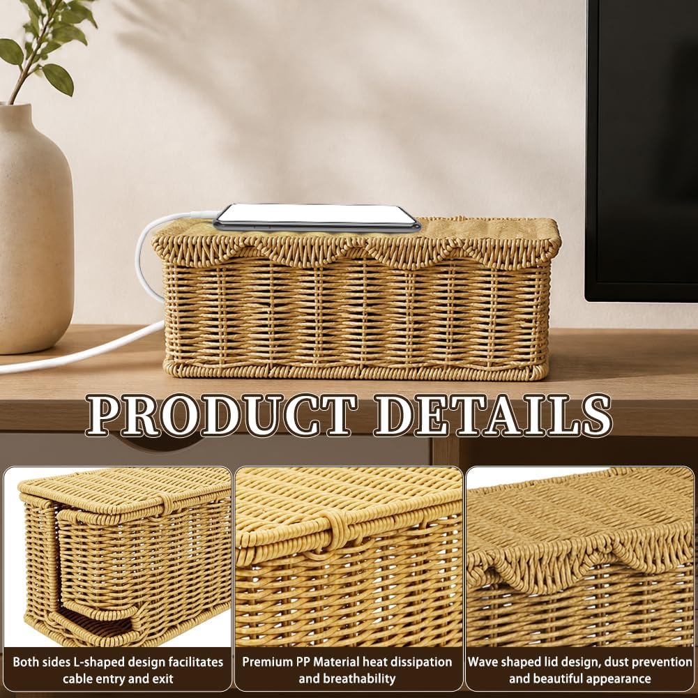 Handmade Rattan Cable Management Box, 2 Open Slots Cords Hider Box