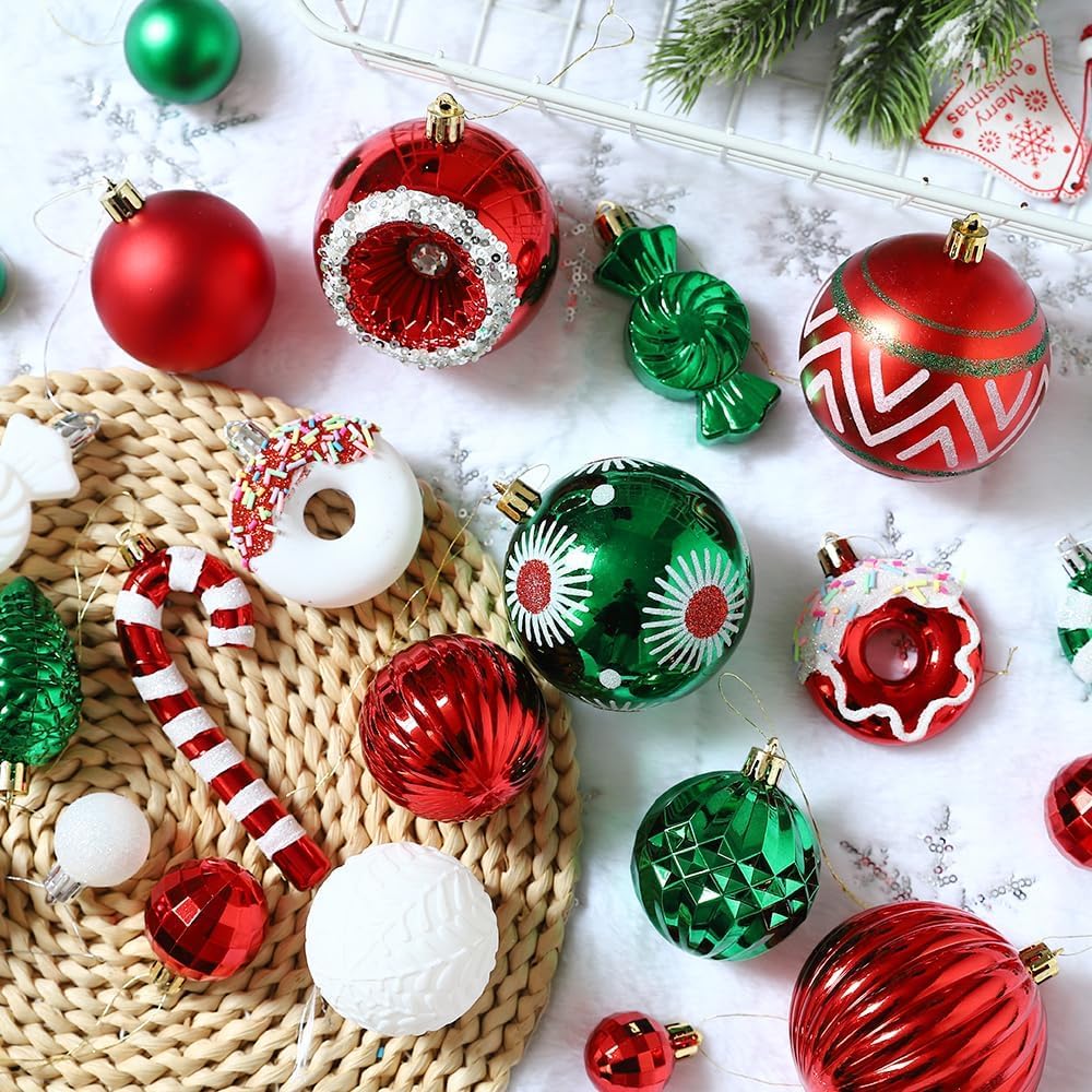 Christmas Tree Ornaments, 56PCS Red White Green Christmas Ornaments Shatterproof Multi Colored Plastic Hanging Balls for Xmas Decoration Holiday Party